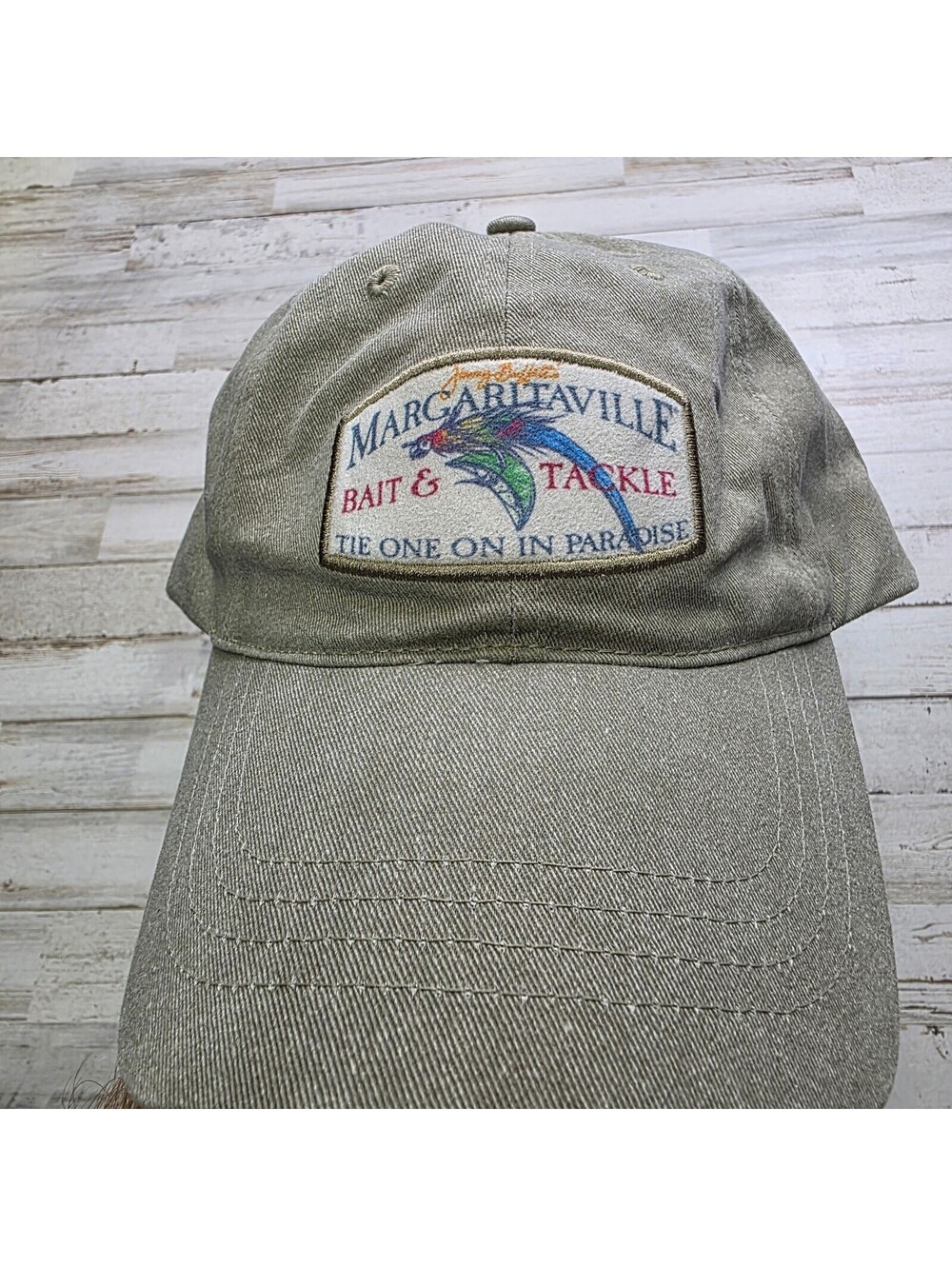 Margaritaville Bait & Tackle Hat Khaki Fish Patch Adjustable Leather Strap